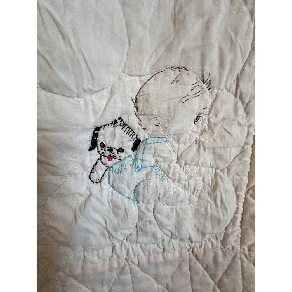 Vintage Handmade Baby Quilt – Embroidered Nursery Animals Pink 52 X 42